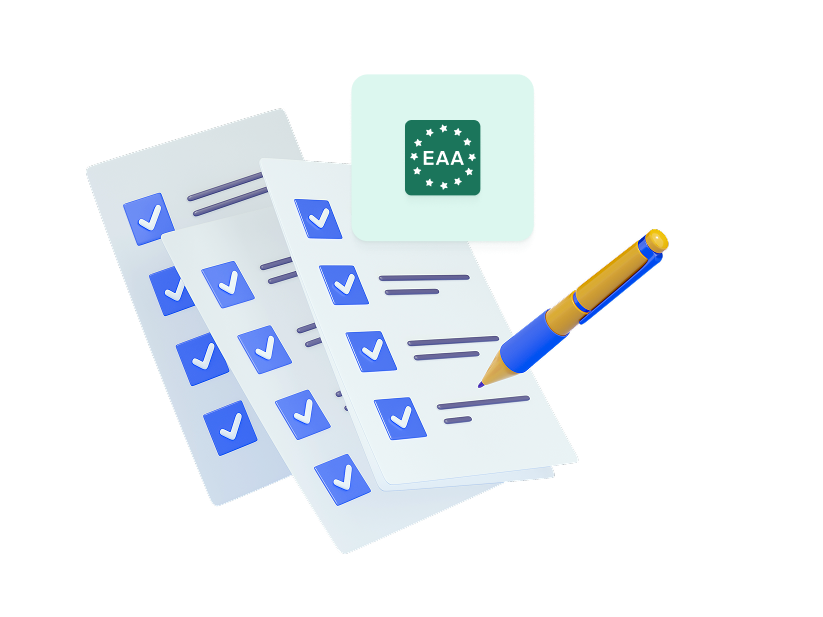 Illustration mehrerer Checklisten mit blauen Häkchen, einem gelb-blauen Stift und einem grünen EAA-Symbol mit EU-Sternen – symbolisiert die Umsetzung der Anforderungen des European Accessibility Act (EAA) im Event-Management.