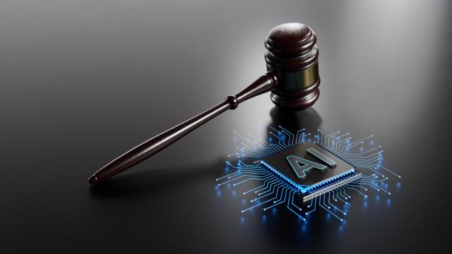 Dark wooden judge’s gavel beside a blue glowing microchip labelled “AI” on a reflective dark surface.