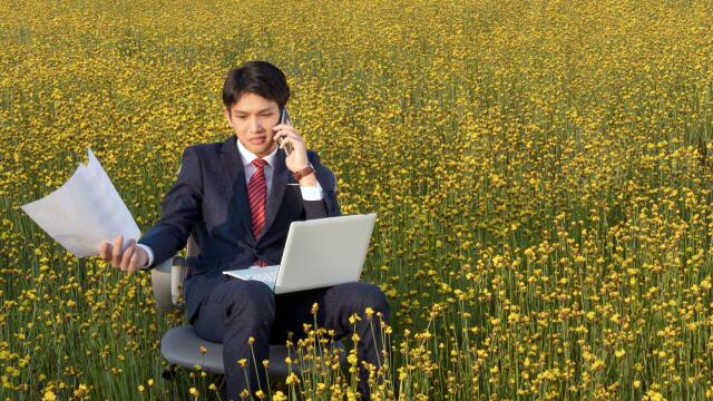 Geschäftsmann im Anzug sitzt mit Laptop auf den Knien und Papieren in der Hand auf einem Bürostuhl inmitten einer blühenden gelben Blumenwiese, während er telefoniert”