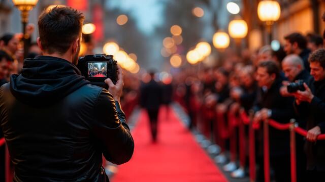 Rear view of a photographer capturing an event on a red carpet lined with a crowd of people.