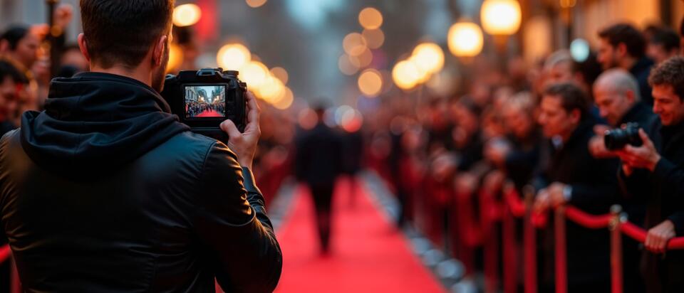 Rear view of a photographer capturing an event on a red carpet lined with a crowd of people.