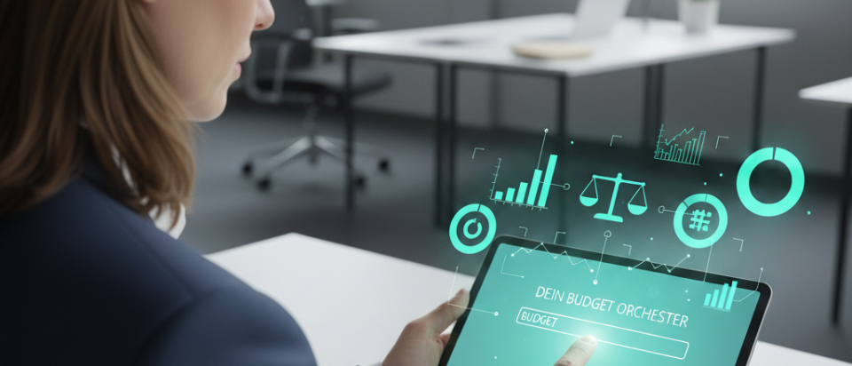 Event-Manager*in balanciert Budgetelemente auf einem Tablet mit leuchtenden türkisfarbenen Hologrammen.