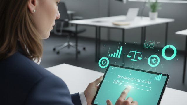 Event-Manager*in balanciert Budgetelemente auf einem Tablet mit leuchtenden türkisfarbenen Hologrammen.