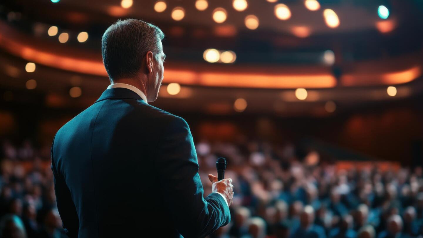 Rear view of a speaker with a microphone on stage facing a large audience in a lit hall.