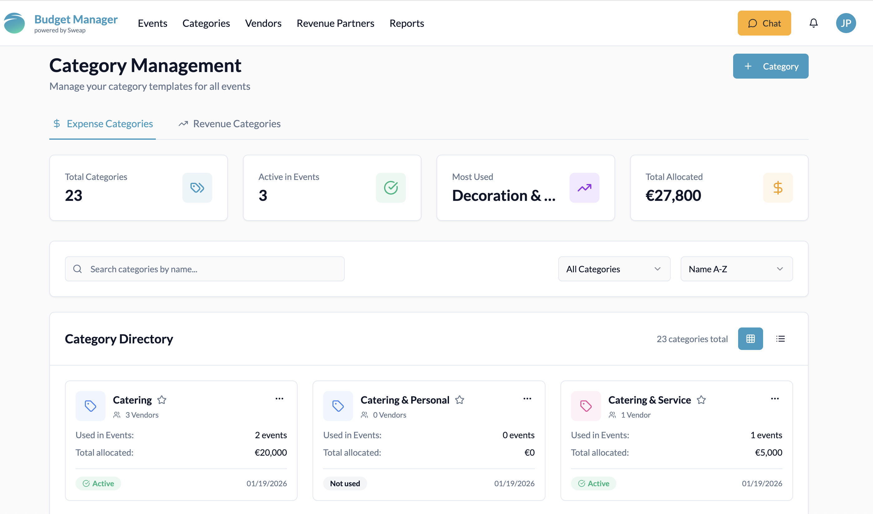 All categories can be created, edited and viewed in the category management section.